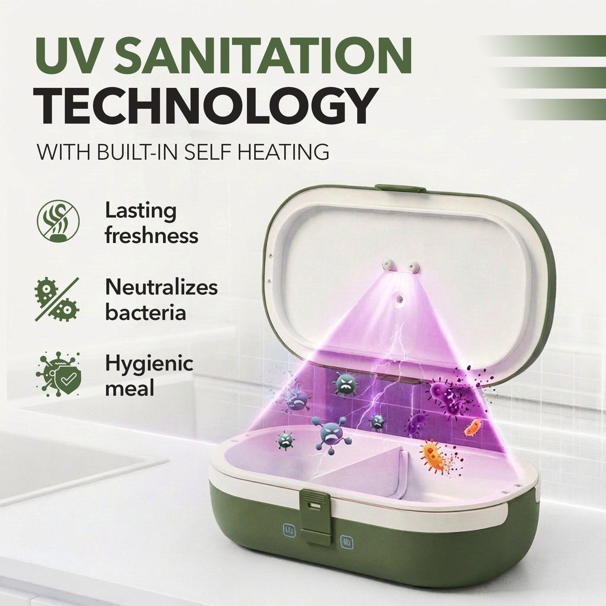 UVI Plus – SELF-HEATING LUNCH BOX WITH USB-C CORD AND UV LIGHT SANITIZER - Green Pea