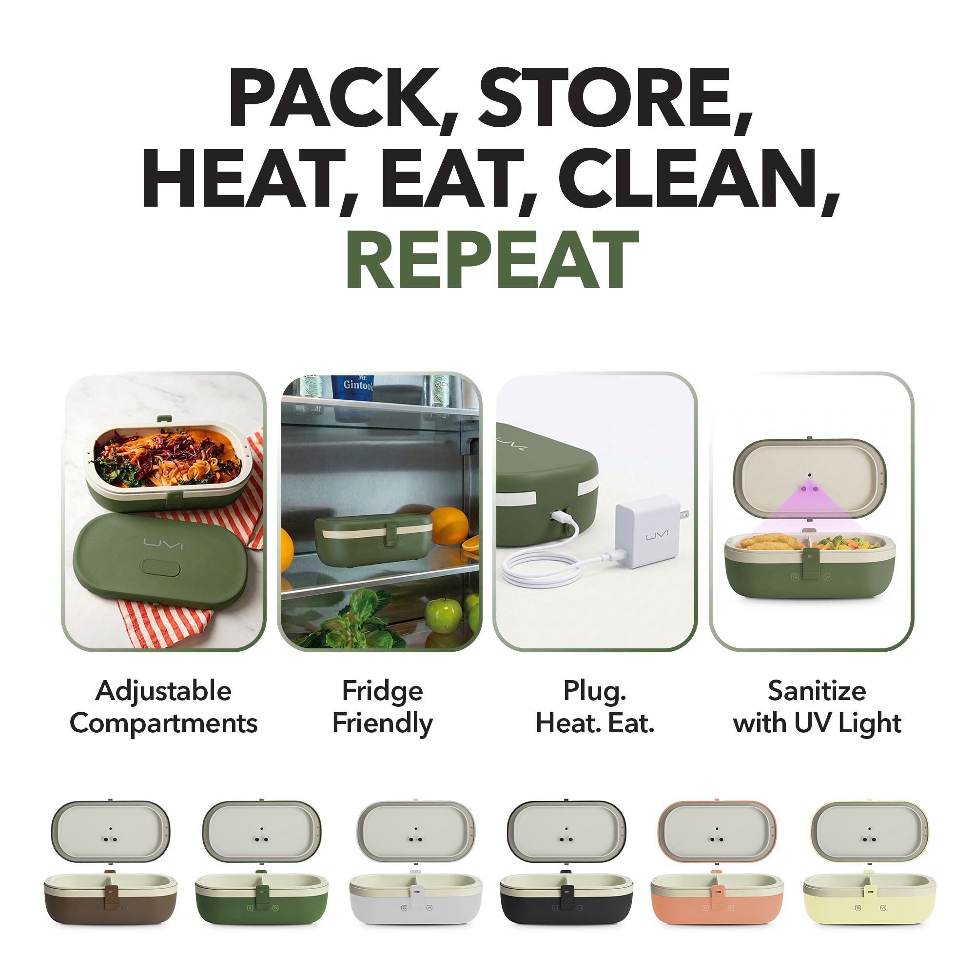 UVI Plus – SELF-HEATING LUNCH BOX WITH USB-C CORD AND UV LIGHT SANITIZER - Green Pea