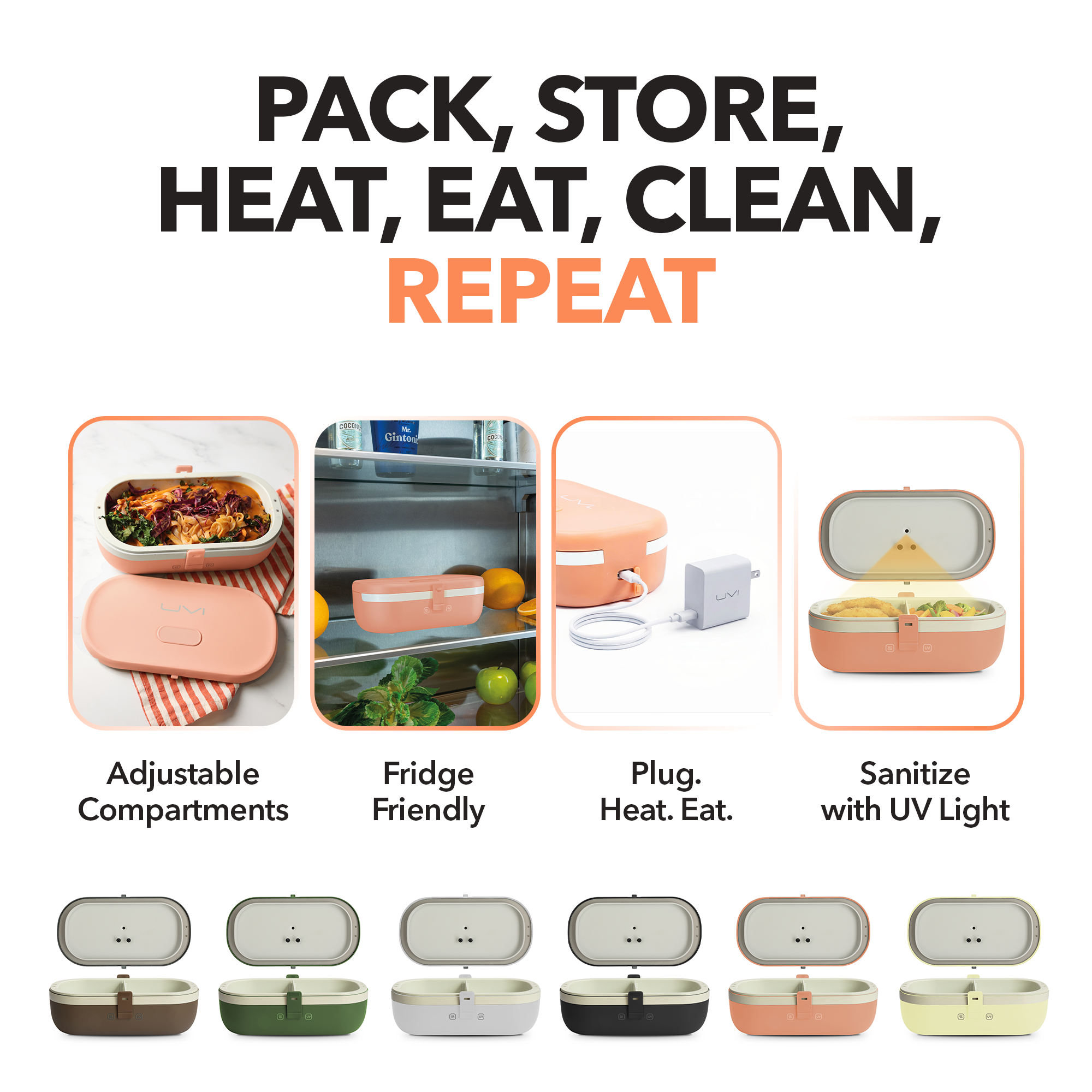 UVI Plus – SELF-HEATING LUNCH BOX WITH USB-C CORD AND UV LIGHT SANITIZER - Salmon