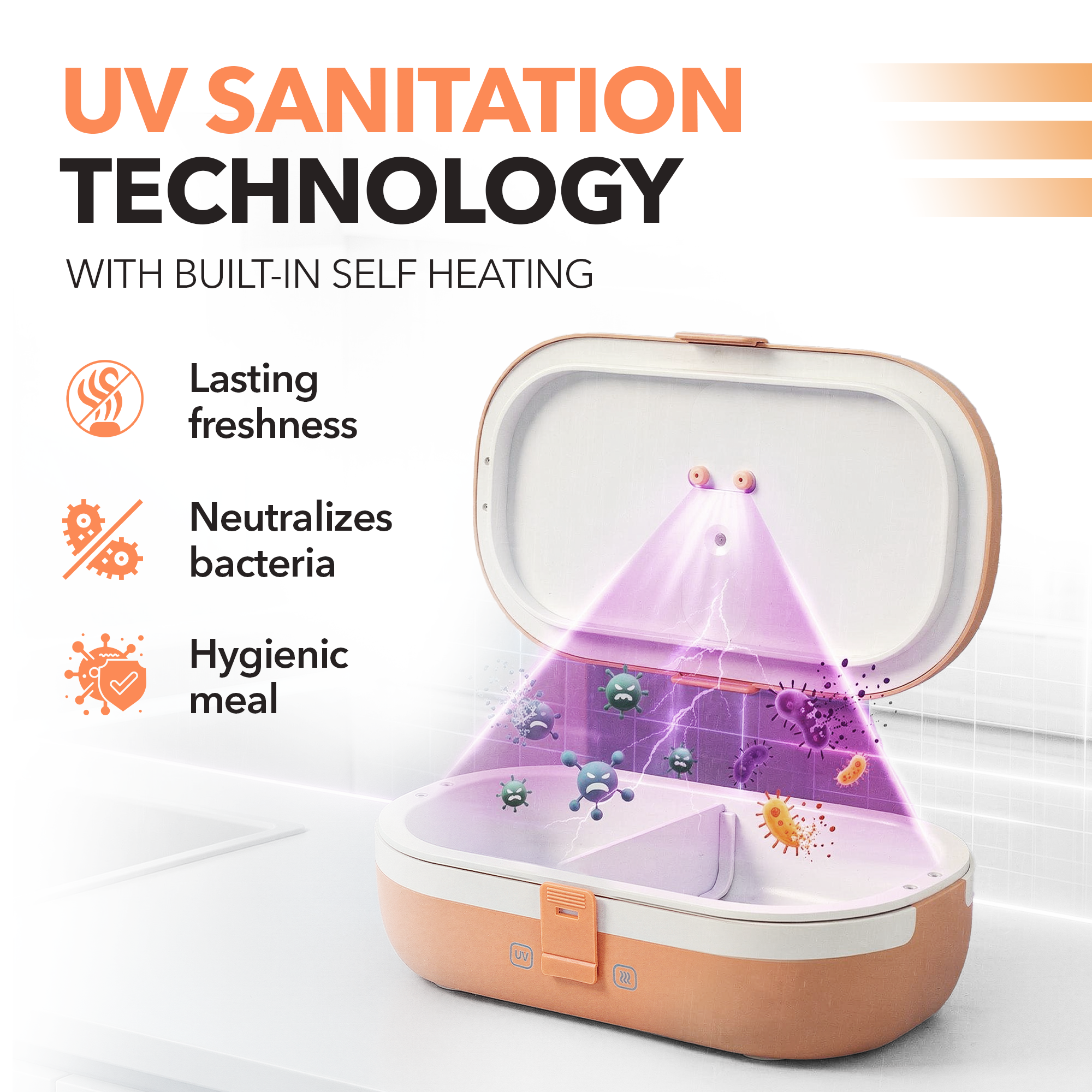 UVI Plus – SELF-HEATING LUNCH BOX WITH USB-C CORD AND UV LIGHT SANITIZER - Salmon