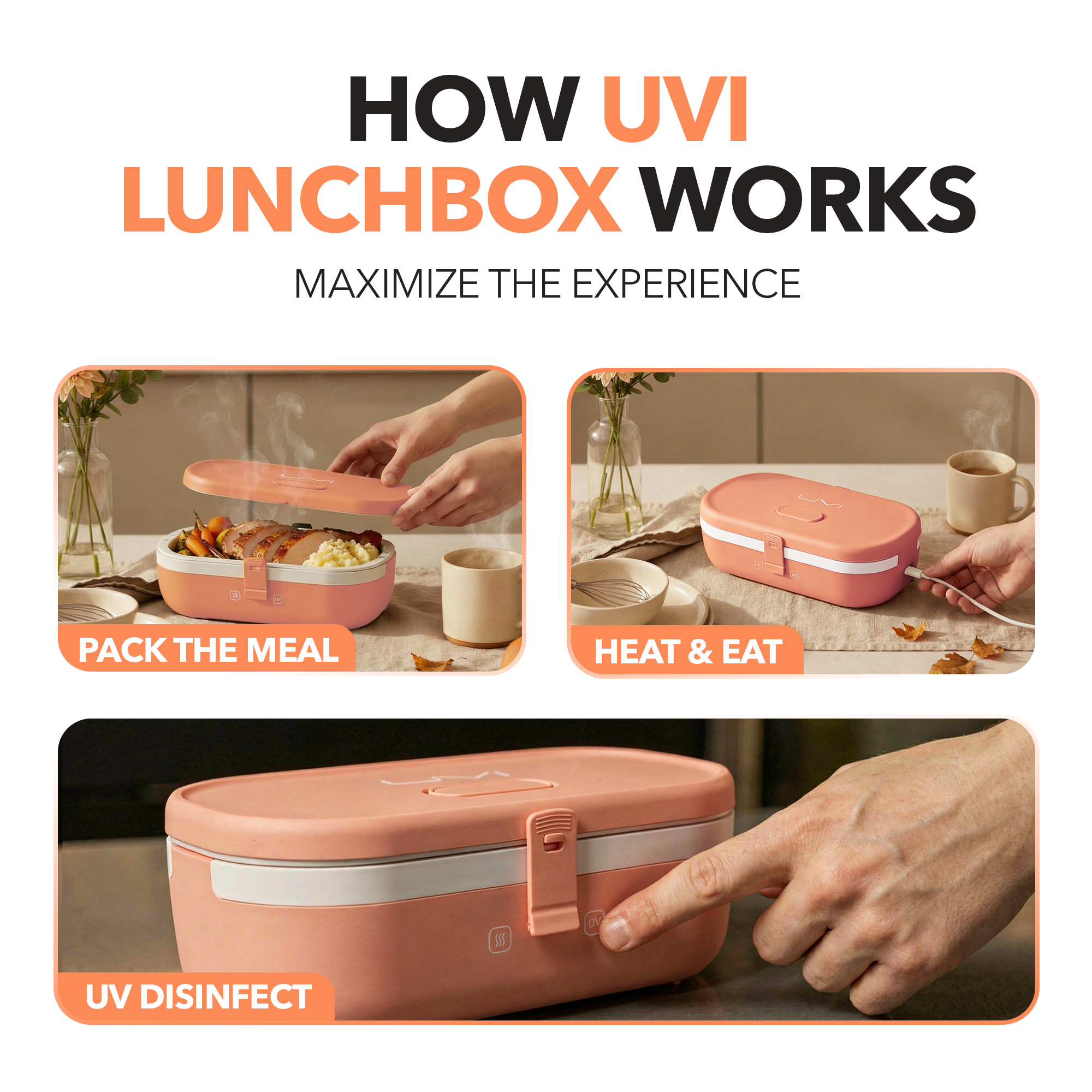 UVI Plus – SELF-HEATING LUNCH BOX WITH USB-C CORD AND UV LIGHT SANITIZER - Salmon
