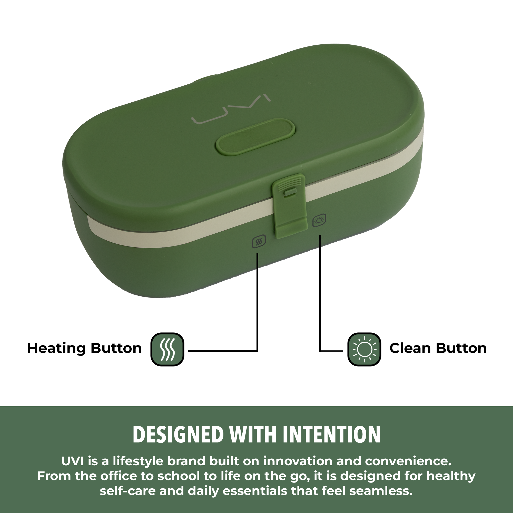 UVI Plus – SELF-HEATING LUNCH BOX WITH USB-C CORD AND UV LIGHT SANITIZER - Green Pea