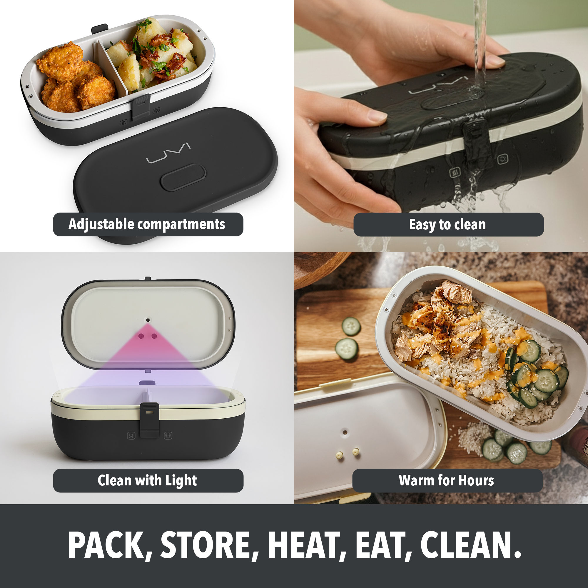 UVI Plus – SELF-HEATING LUNCH BOX WITH USB-C CORD AND UV LIGHT SANITIZER - Charcoal
