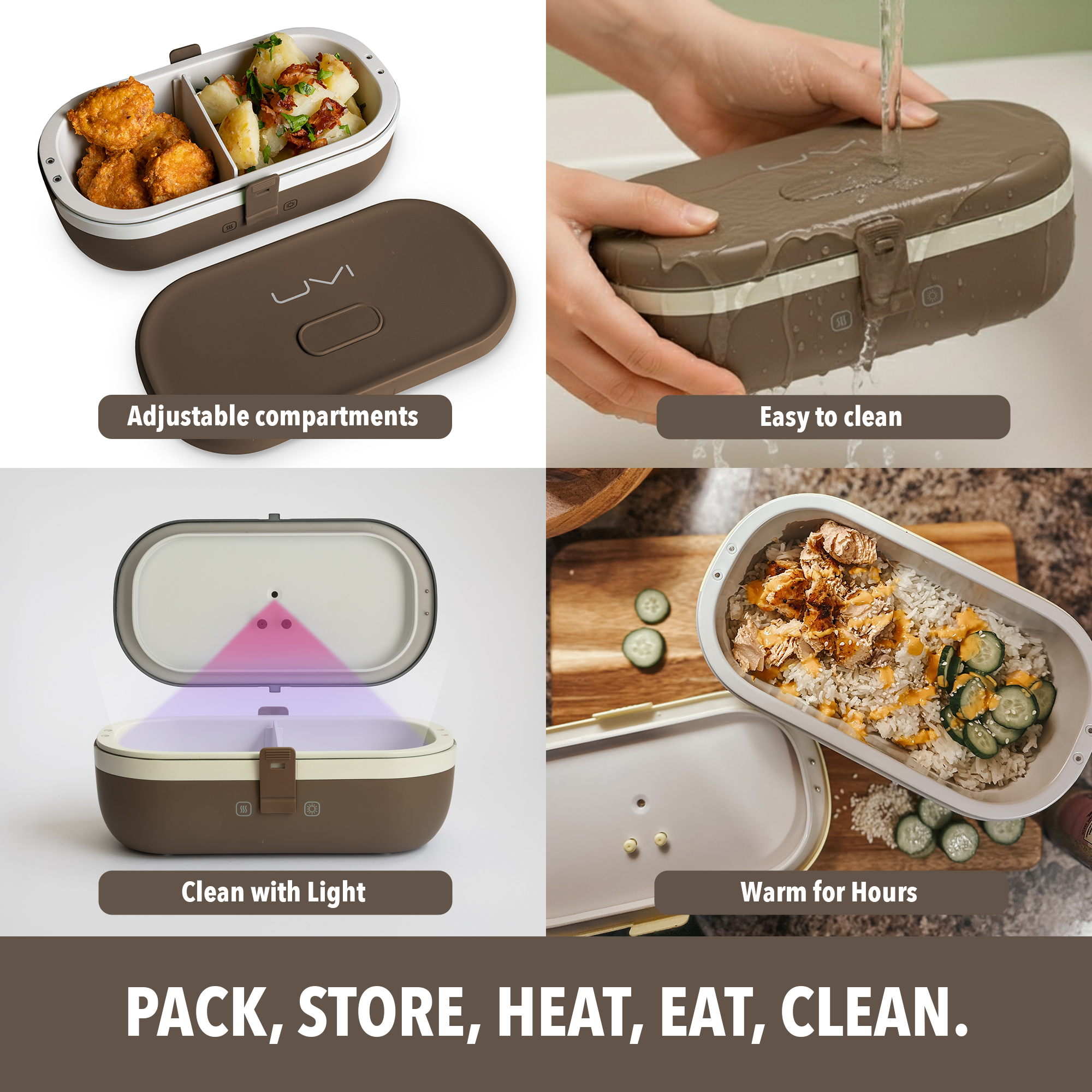 UVI Plus – SELF-HEATING LUNCH BOX WITH USB-C CORD AND UV LIGHT SANITIZER - Coffee Bean