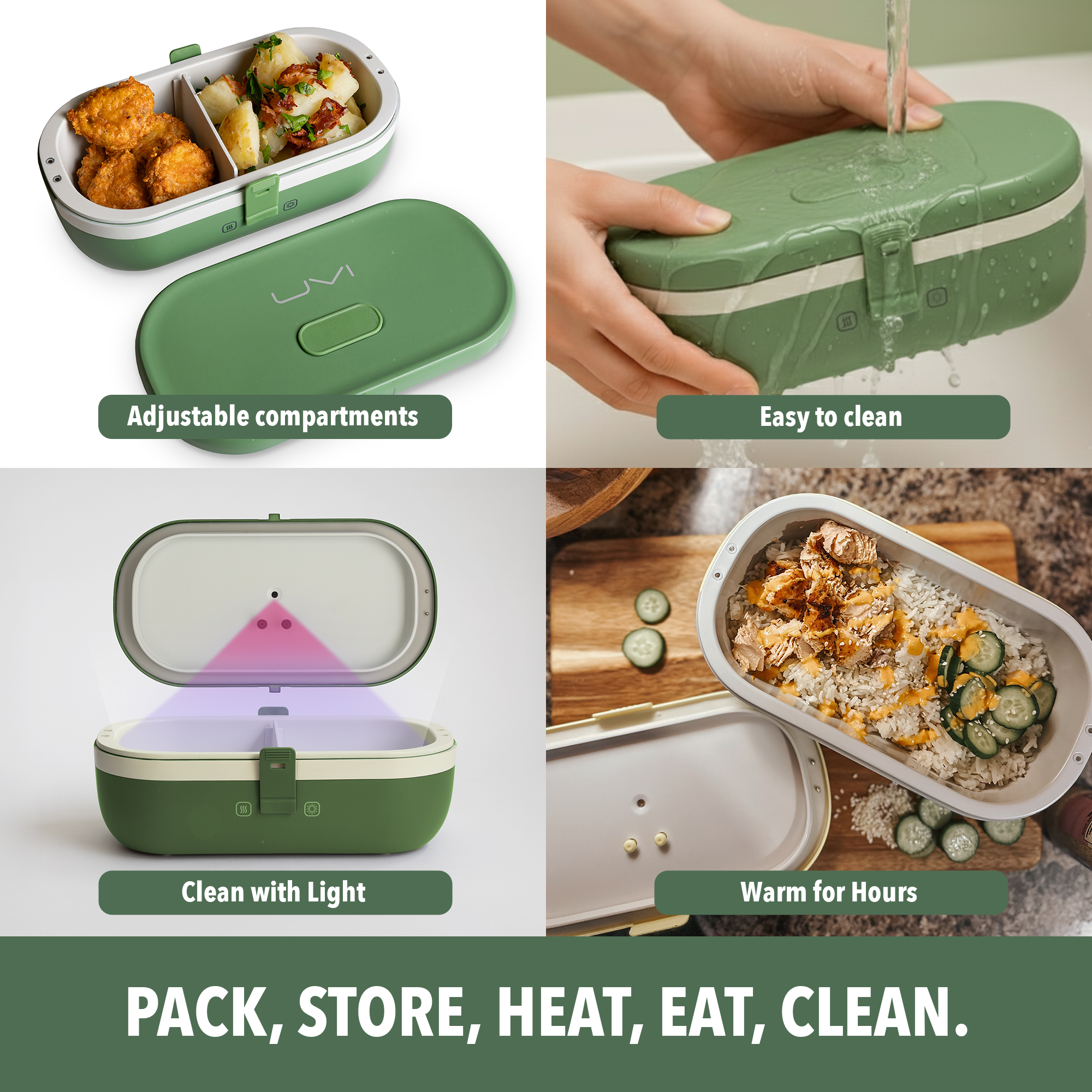 UVI Plus – SELF-HEATING LUNCH BOX WITH USB-C CORD AND UV LIGHT SANITIZER - Green Pea