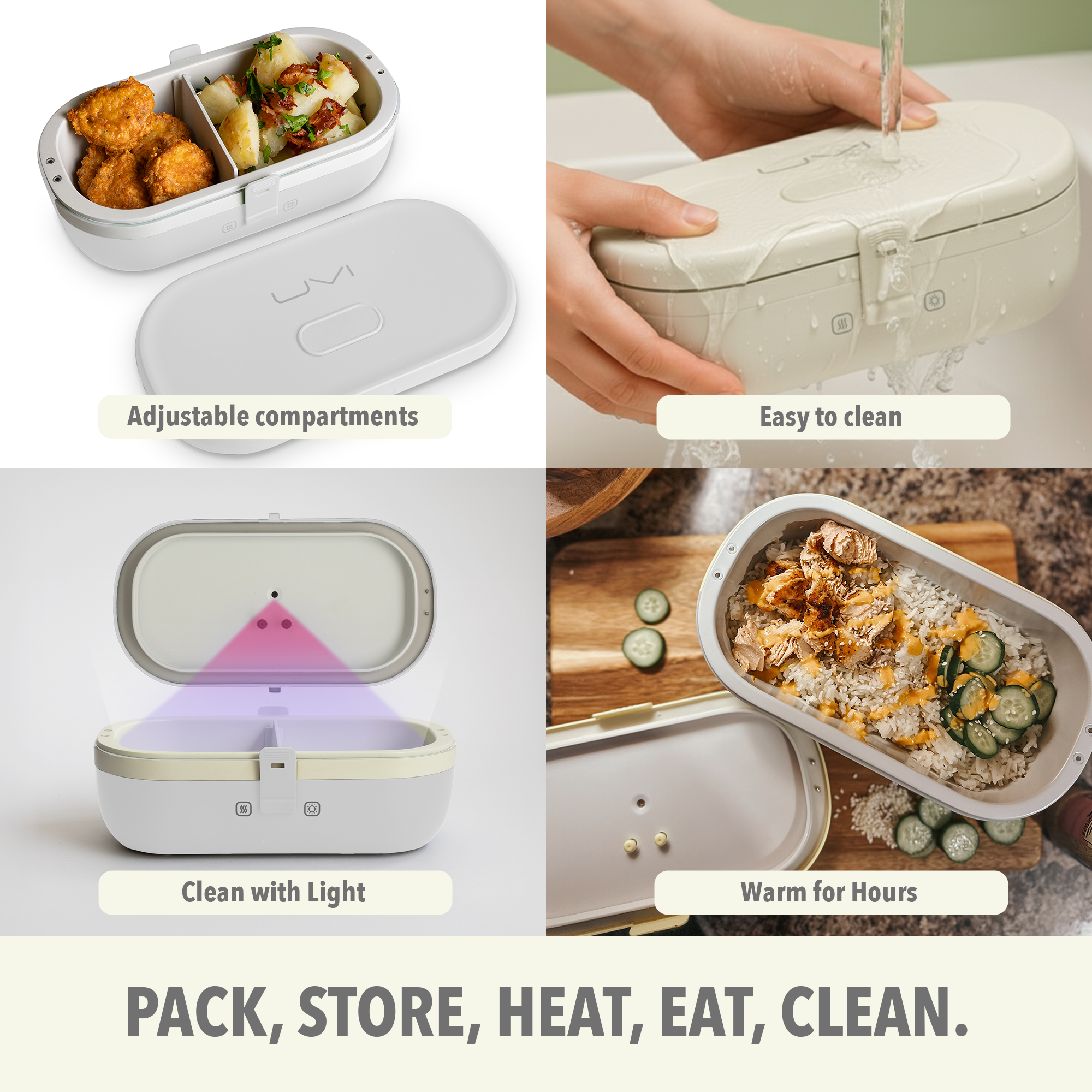 UVI Plus – SELF-HEATING LUNCH BOX WITH USB-C CORD AND UV LIGHT SANITIZER - Pearl