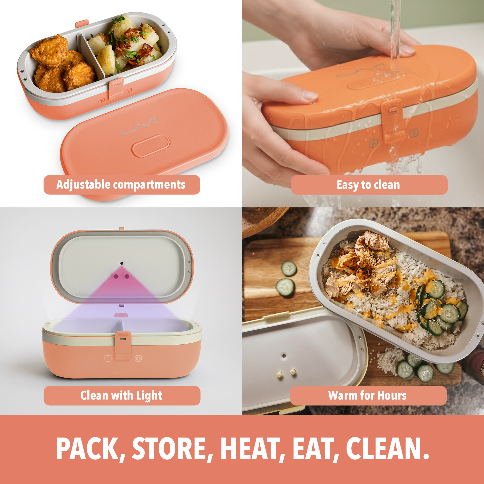 UVI Plus – SELF-HEATING LUNCH BOX WITH USB-C CORD AND UV LIGHT SANITIZER - Salmon
