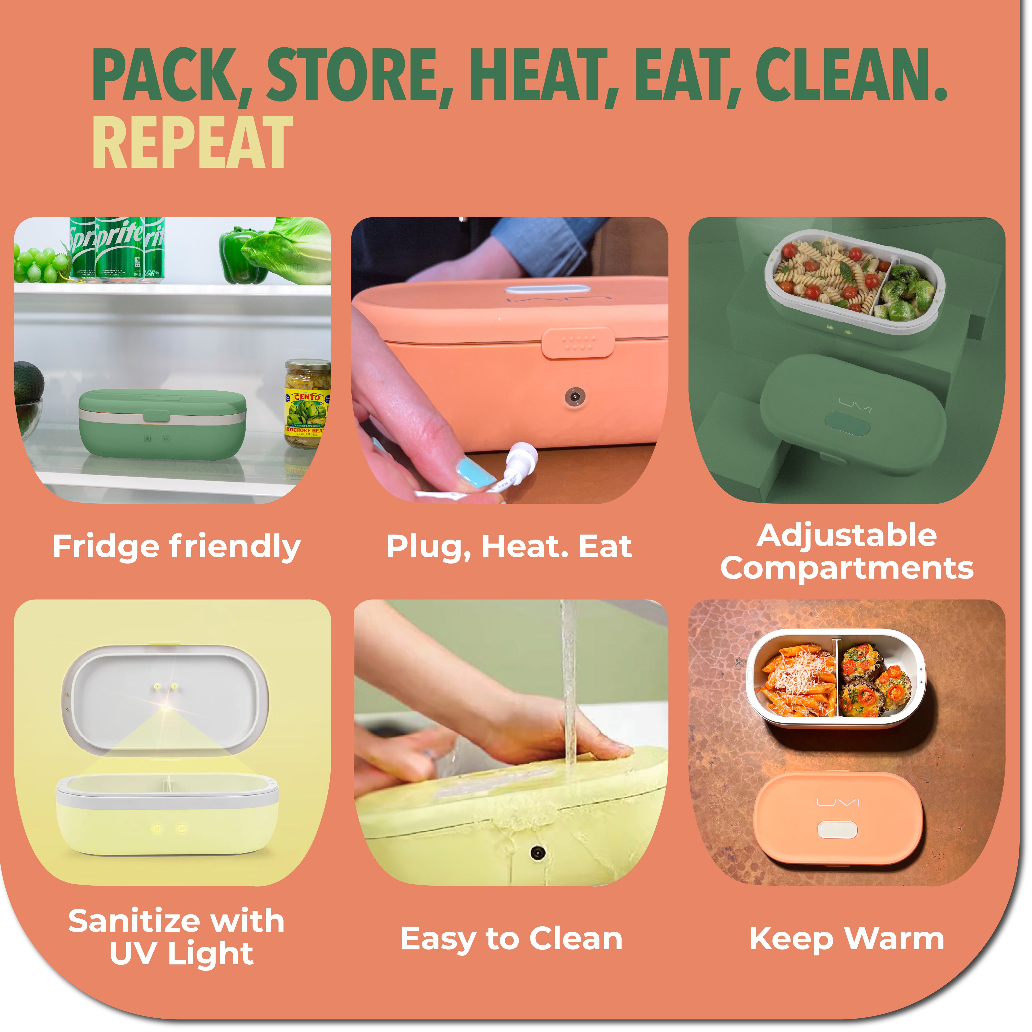 SELF HEATING LUNCH BOX WITH UV LIGHT SANITIZER - GREEN PEA UVI