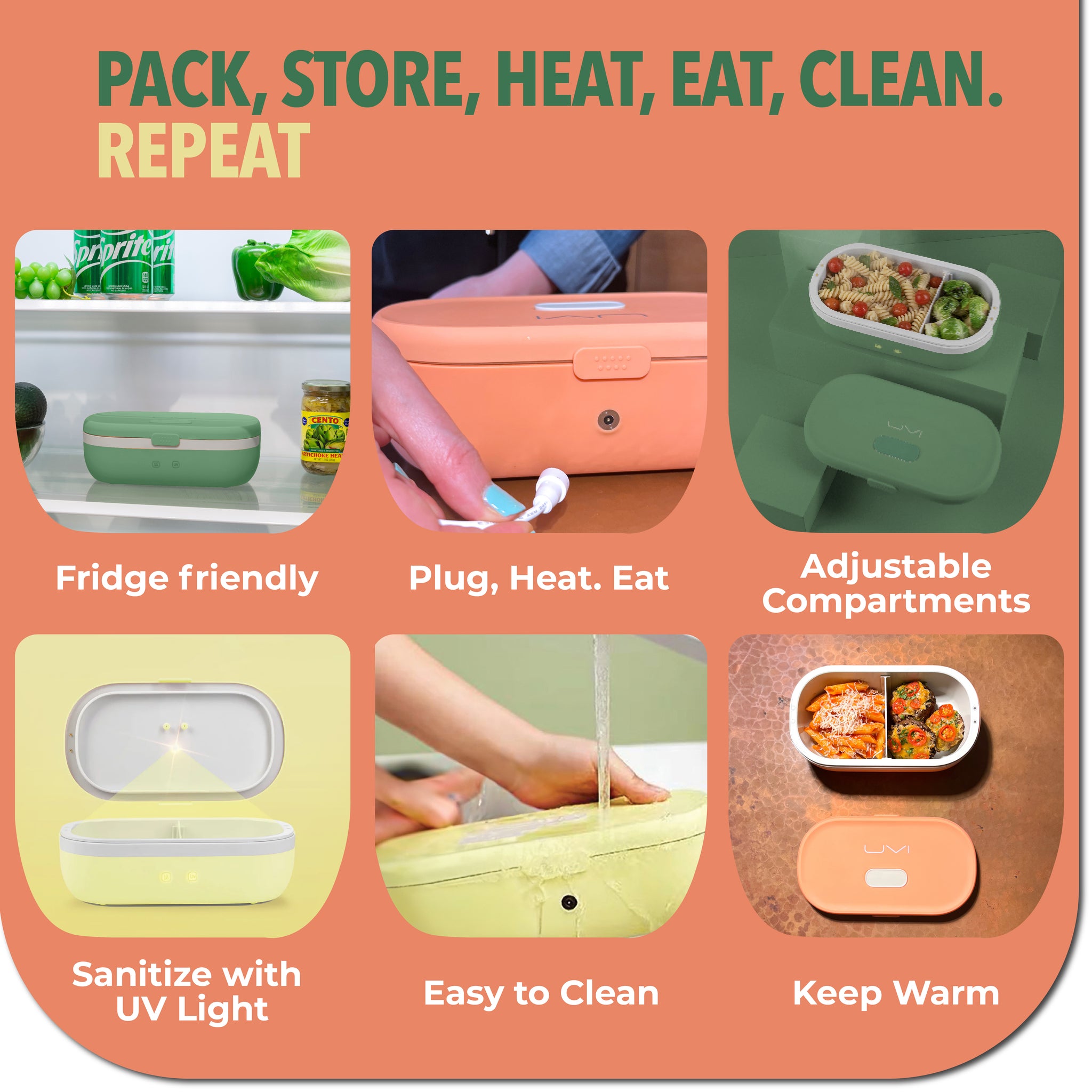 SELF HEATING LUNCH BOX WITH UV LIGHT SANITIZER - GREEN PEA UVI