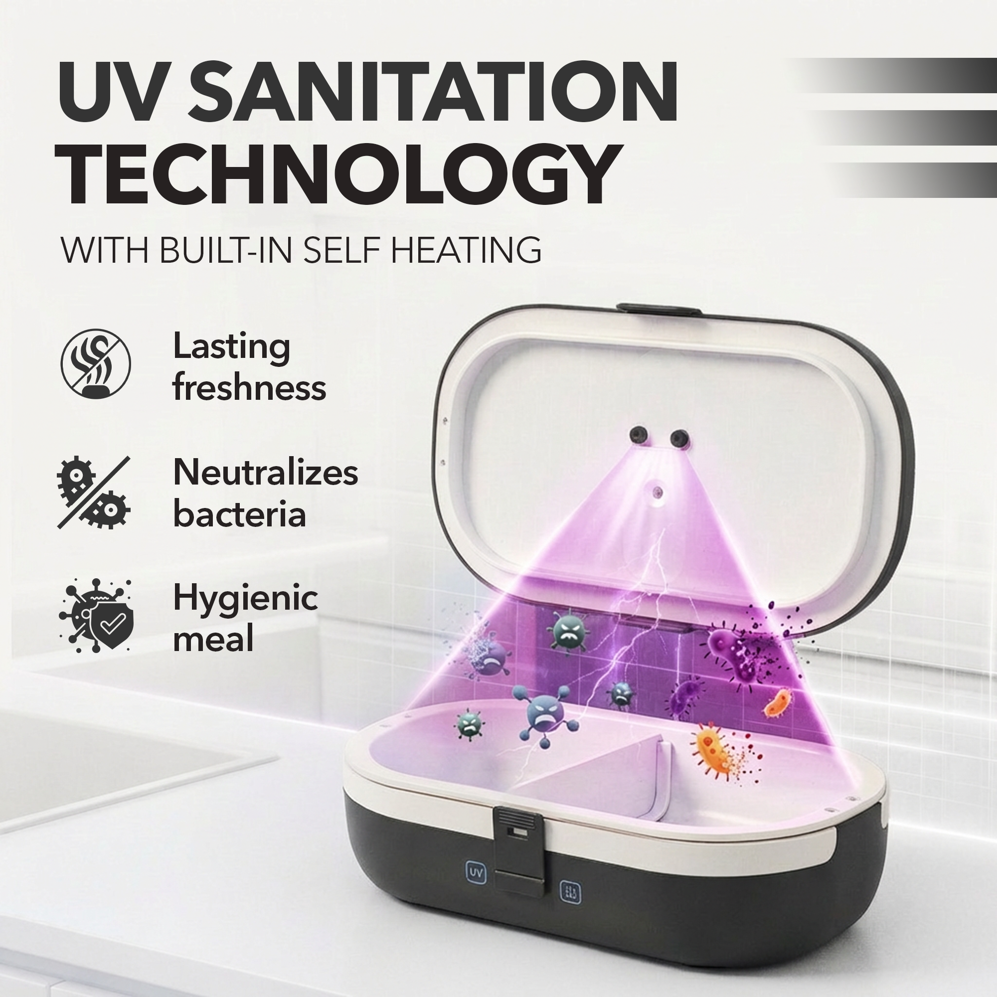 UVI Plus – SELF-HEATING LUNCH BOX WITH USB-C CORD AND UV LIGHT SANITIZER - Charcoal