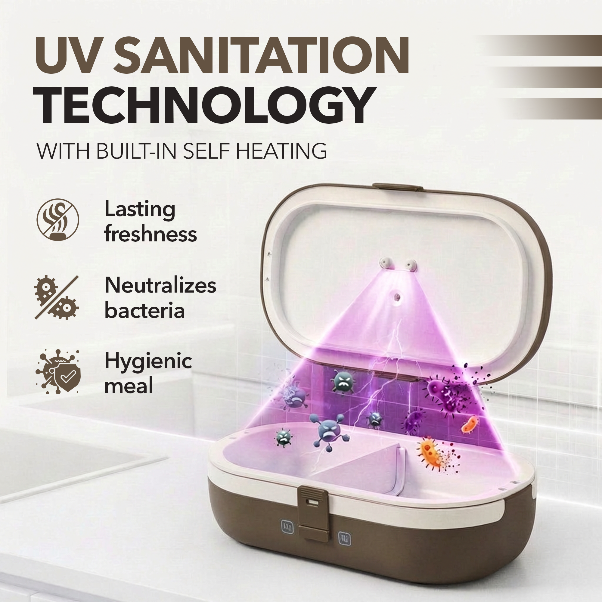 UVI Plus – SELF-HEATING LUNCH BOX WITH USB-C CORD AND UV LIGHT SANITIZER - Coffee Bean
