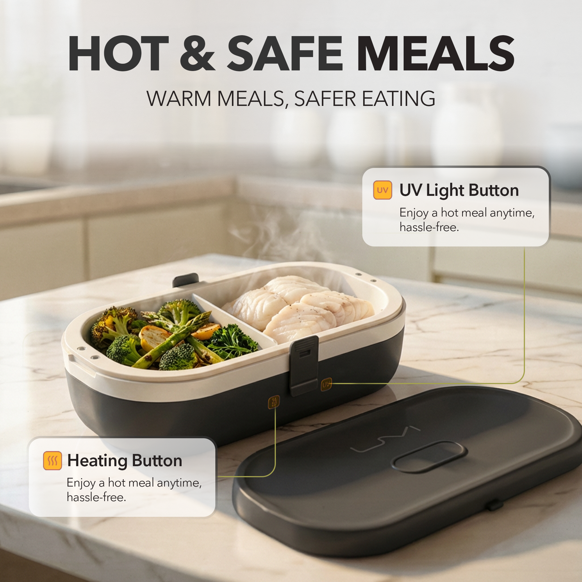 UVI Plus – SELF-HEATING LUNCH BOX WITH USB-C CORD AND UV LIGHT SANITIZER - Charcoal