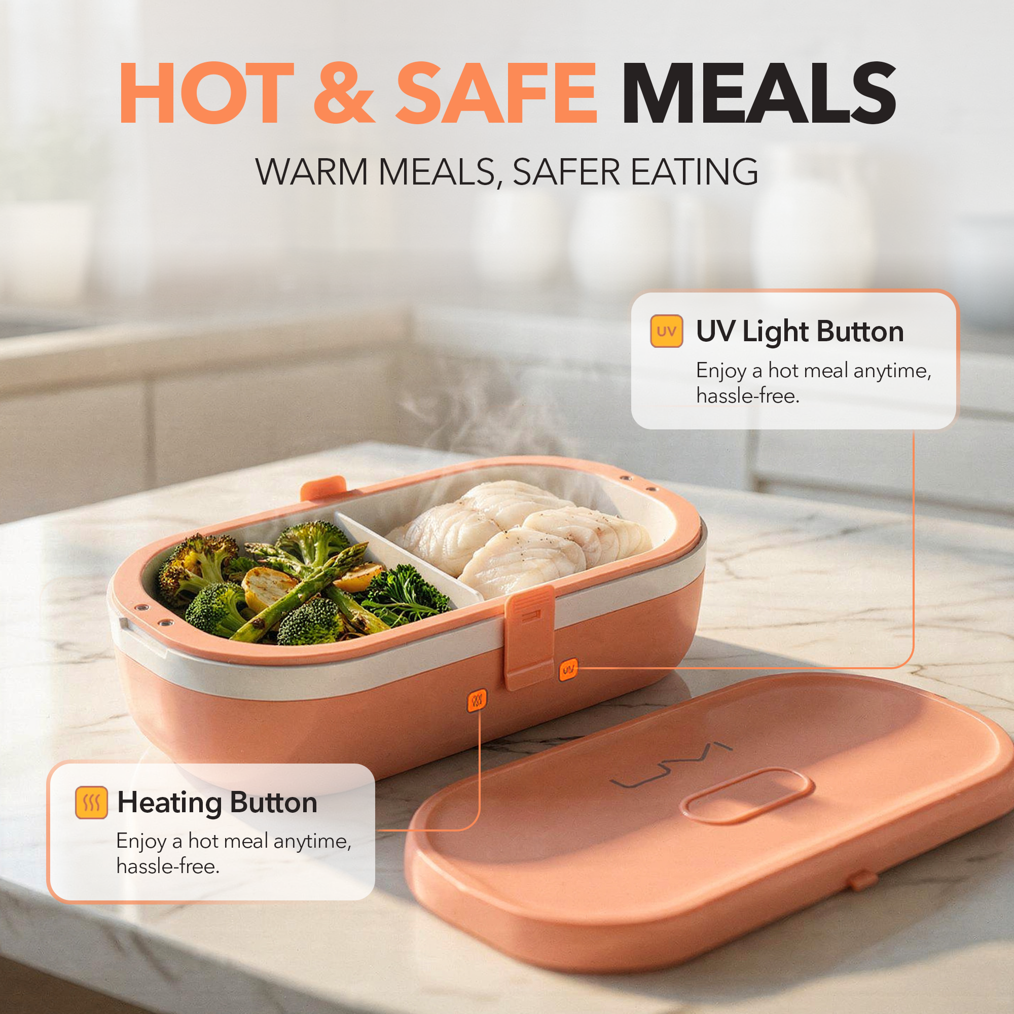 UVI Plus – SELF-HEATING LUNCH BOX WITH USB-C CORD AND UV LIGHT SANITIZER - Salmon
