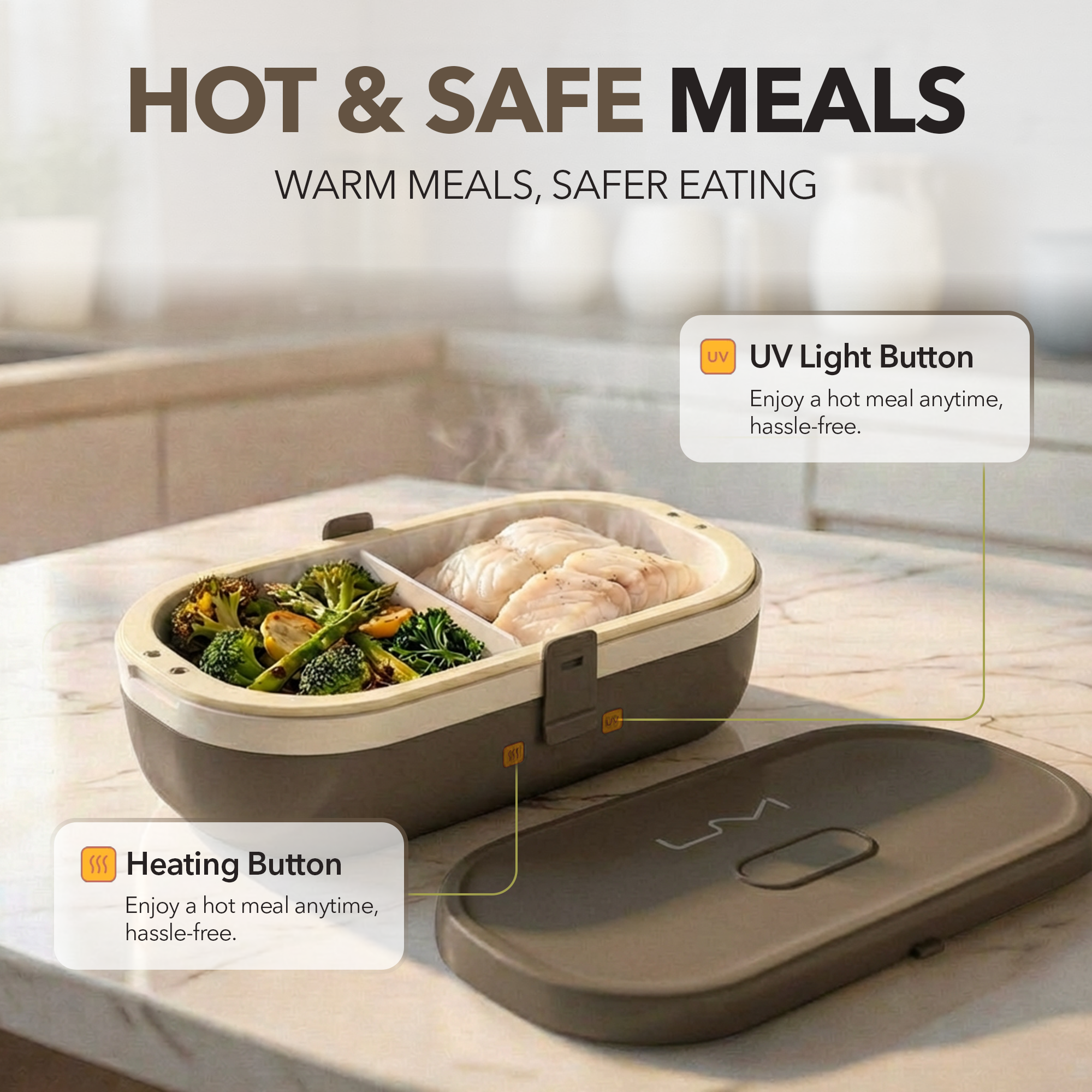 UVI Plus – SELF-HEATING LUNCH BOX WITH USB-C CORD AND UV LIGHT SANITIZER - Coffee Bean