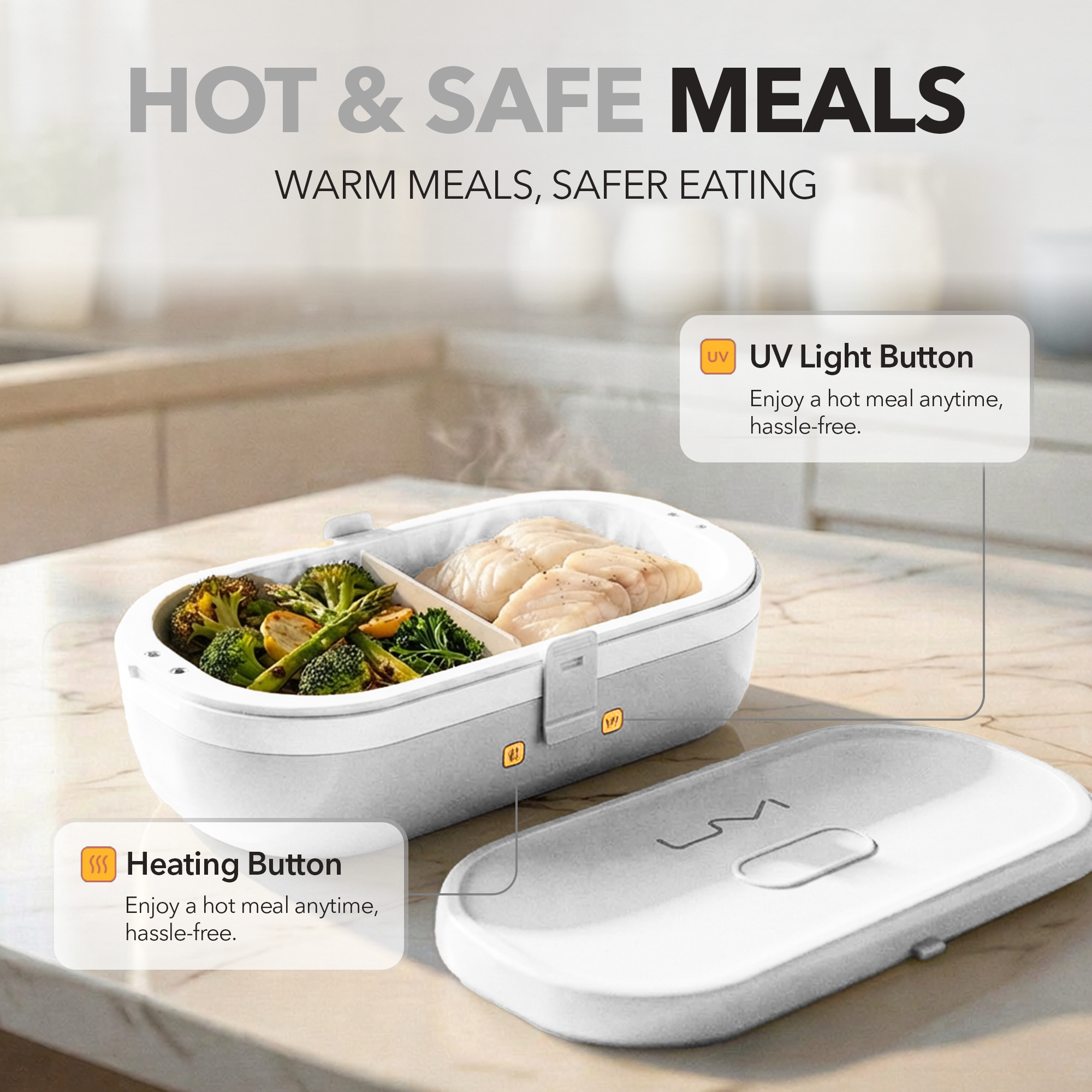UVI Plus – SELF-HEATING LUNCH BOX WITH USB-C CORD AND UV LIGHT SANITIZER - Pearl
