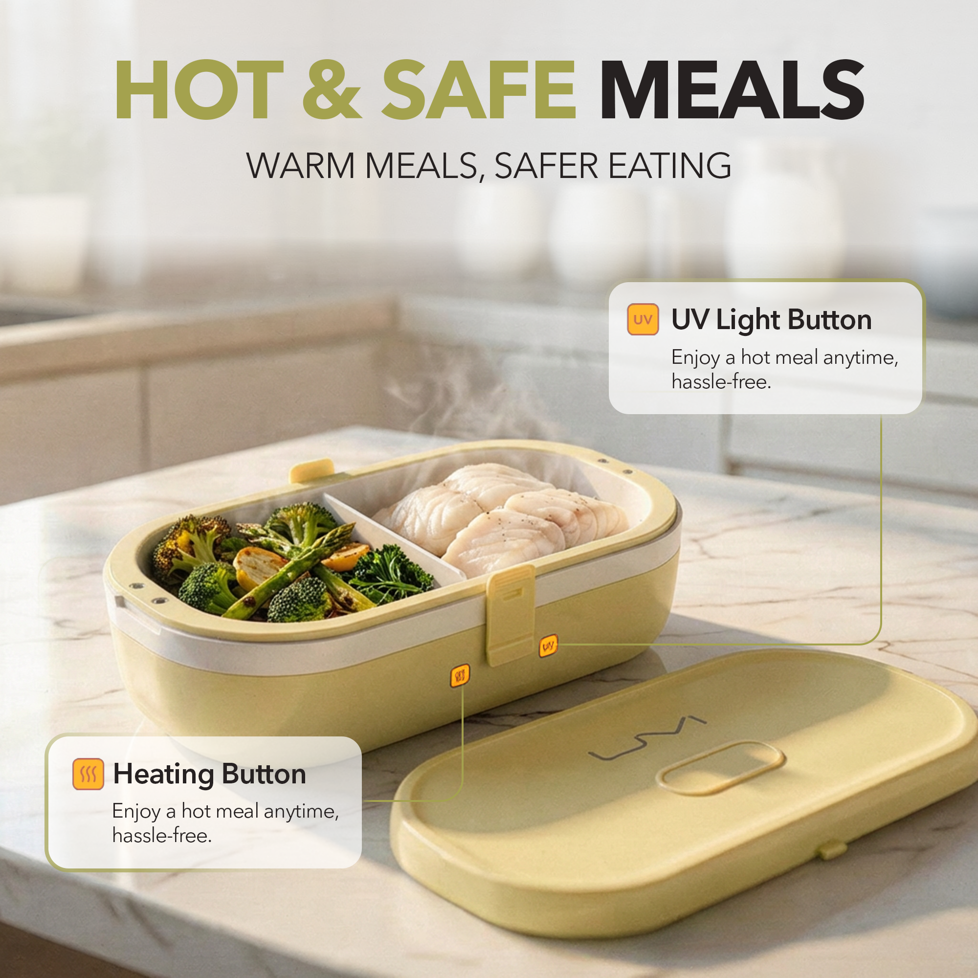 UVI Plus – SELF-HEATING LUNCH BOX WITH USB-C CORD AND UV LIGHT SANITIZER - Sunshine