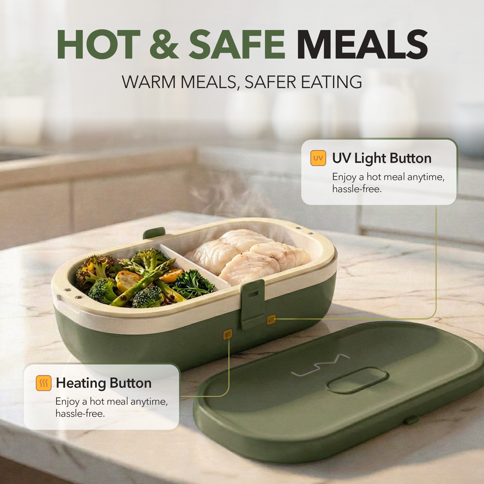 UVI Plus – SELF-HEATING LUNCH BOX WITH USB-C CORD AND UV LIGHT SANITIZER - Green Pea