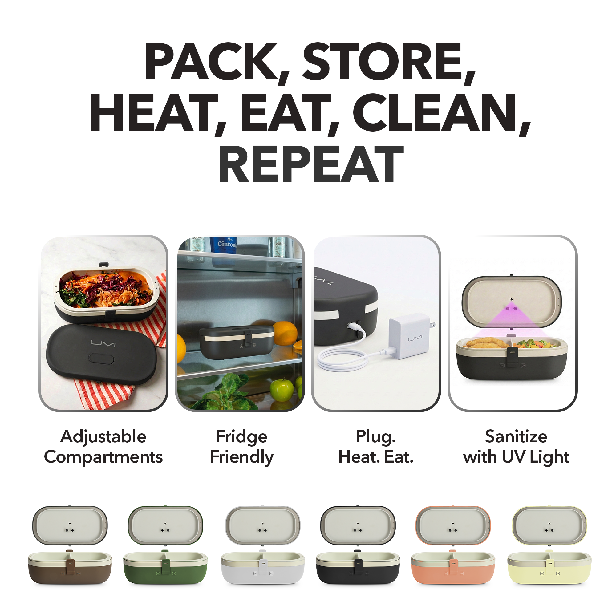UVI Plus – SELF-HEATING LUNCH BOX WITH USB-C CORD AND UV LIGHT SANITIZER - Charcoal