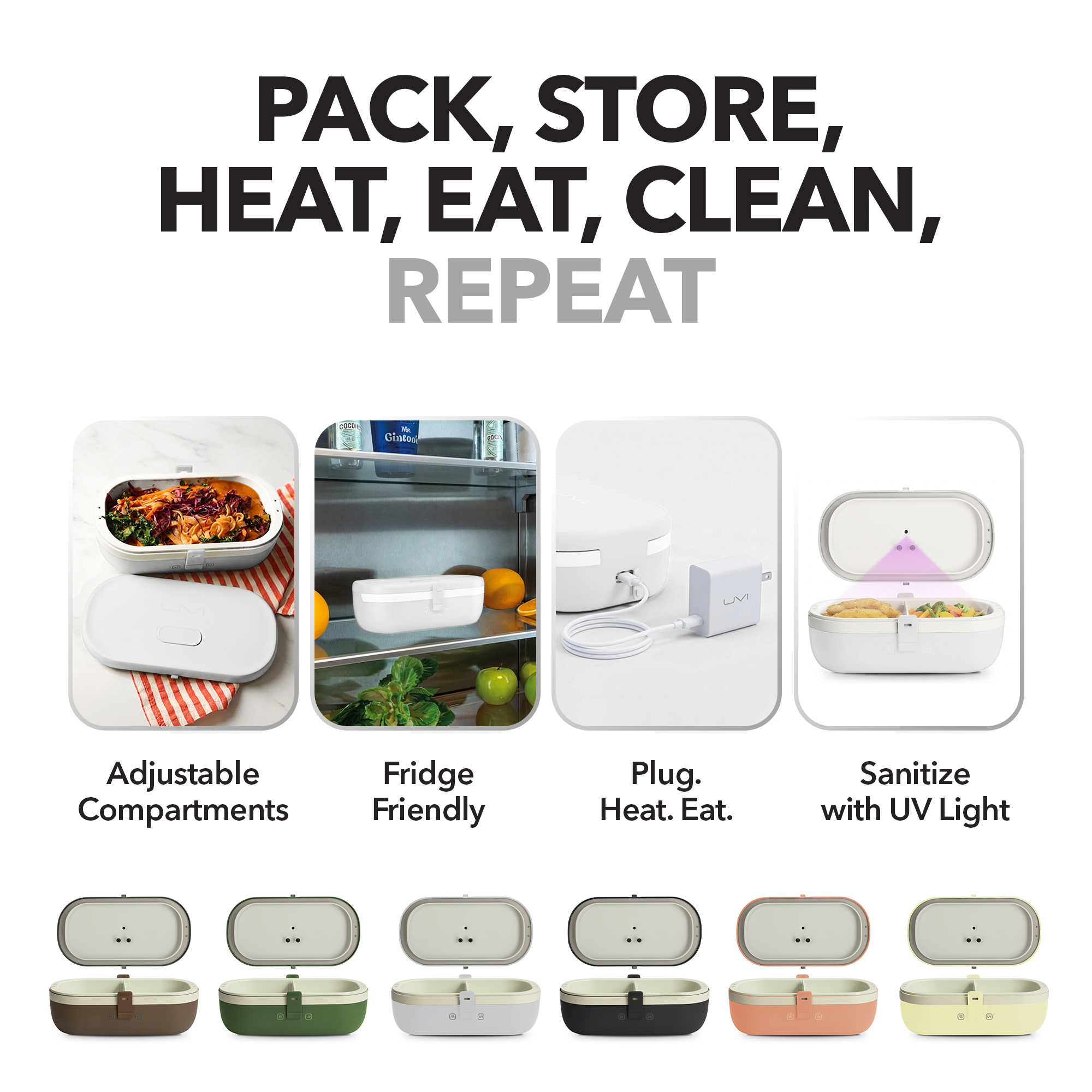UVI Plus – SELF-HEATING LUNCH BOX WITH USB-C CORD AND UV LIGHT SANITIZER - Pearl