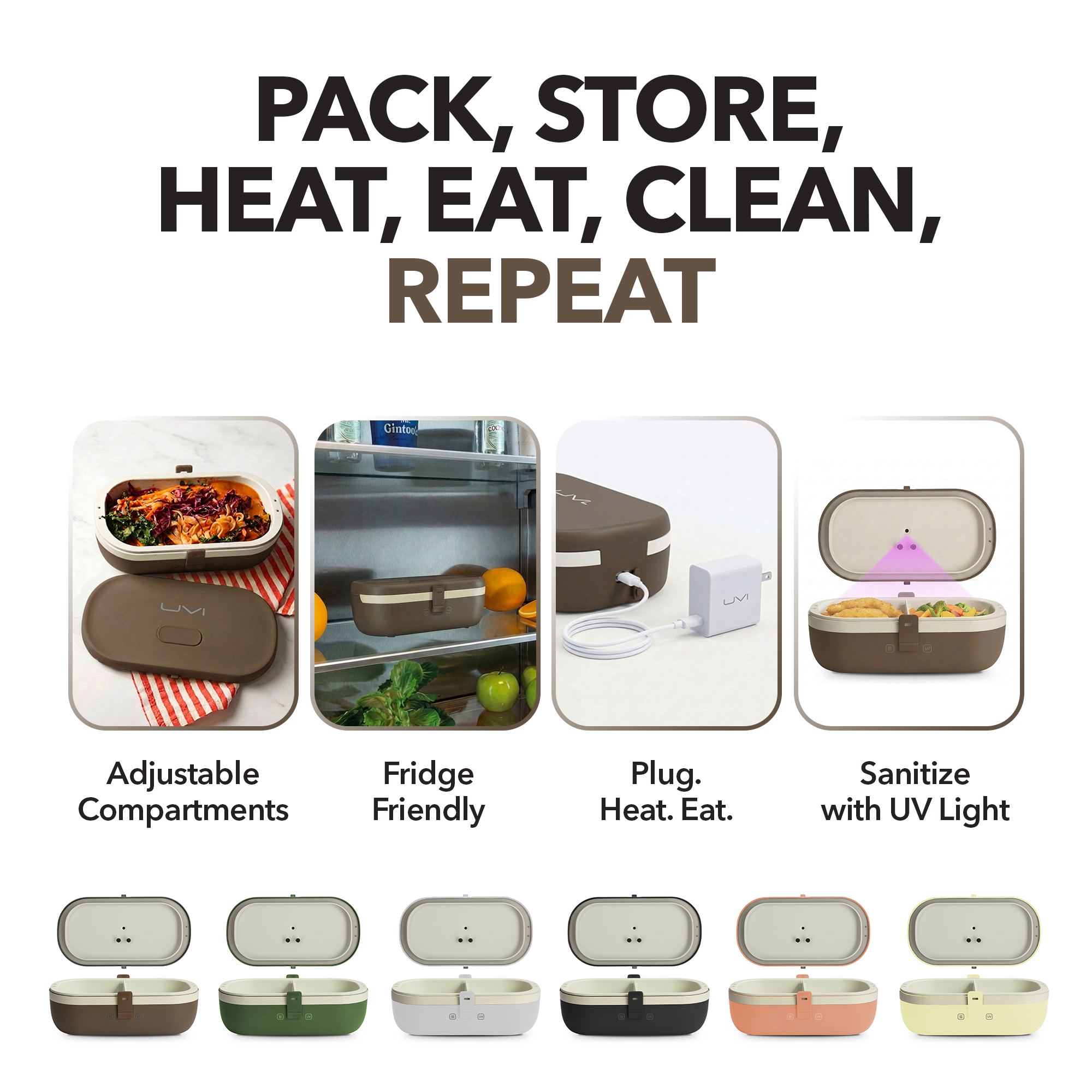 UVI Plus – SELF-HEATING LUNCH BOX WITH USB-C CORD AND UV LIGHT SANITIZER - Coffee Bean
