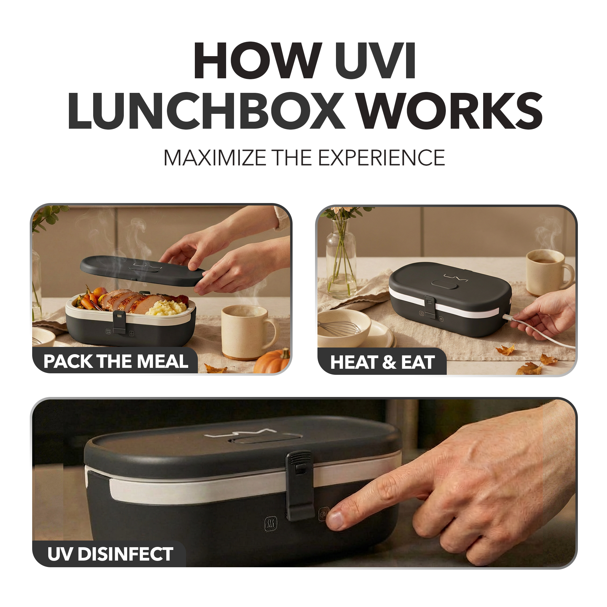 UVI Plus – SELF-HEATING LUNCH BOX WITH USB-C CORD AND UV LIGHT SANITIZER - Charcoal