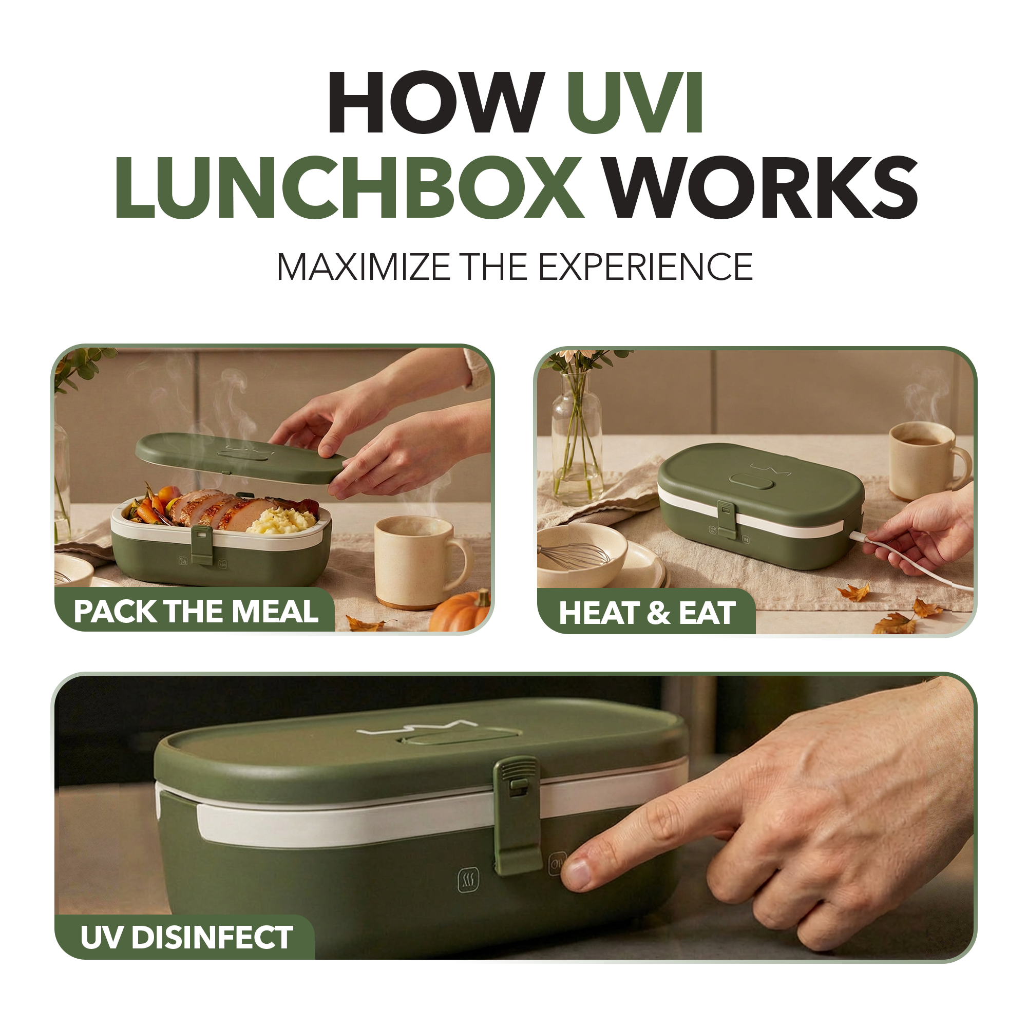 UVI Plus – SELF-HEATING LUNCH BOX WITH USB-C CORD AND UV LIGHT SANITIZER - Green Pea