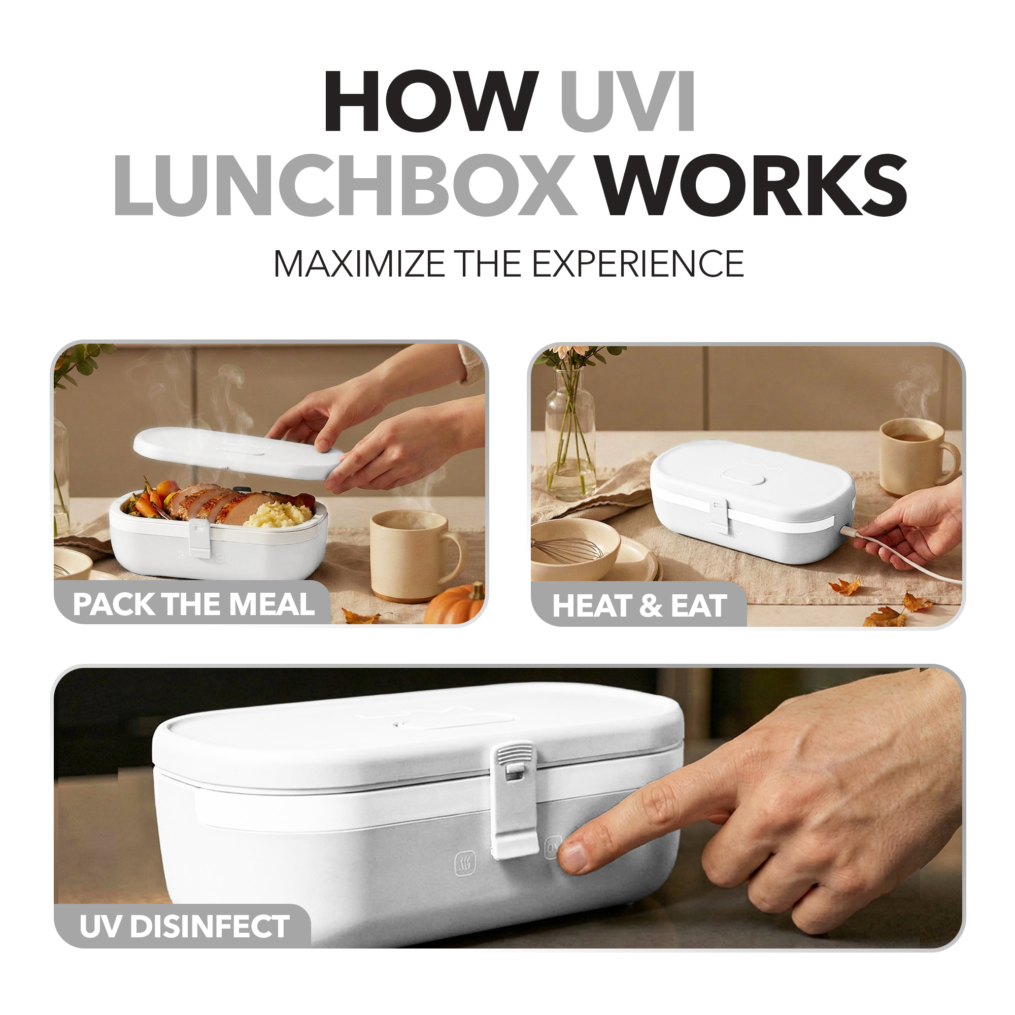 UVI Plus – SELF-HEATING LUNCH BOX WITH USB-C CORD AND UV LIGHT SANITIZER - Pearl