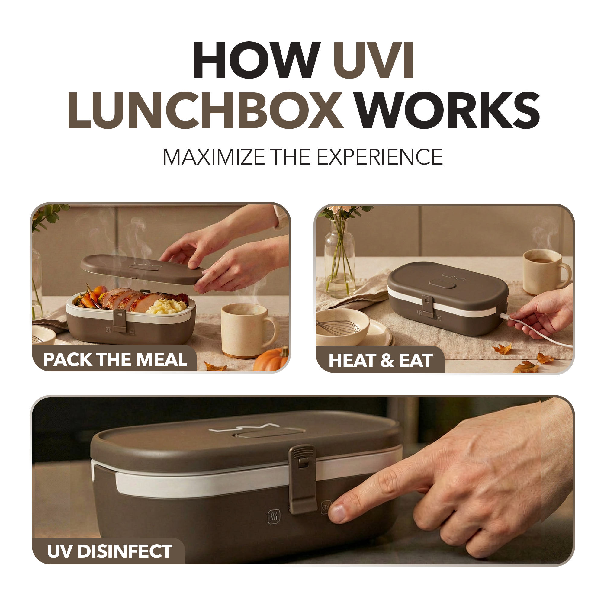 UVI Plus – SELF-HEATING LUNCH BOX WITH USB-C CORD AND UV LIGHT SANITIZER - Coffee Bean