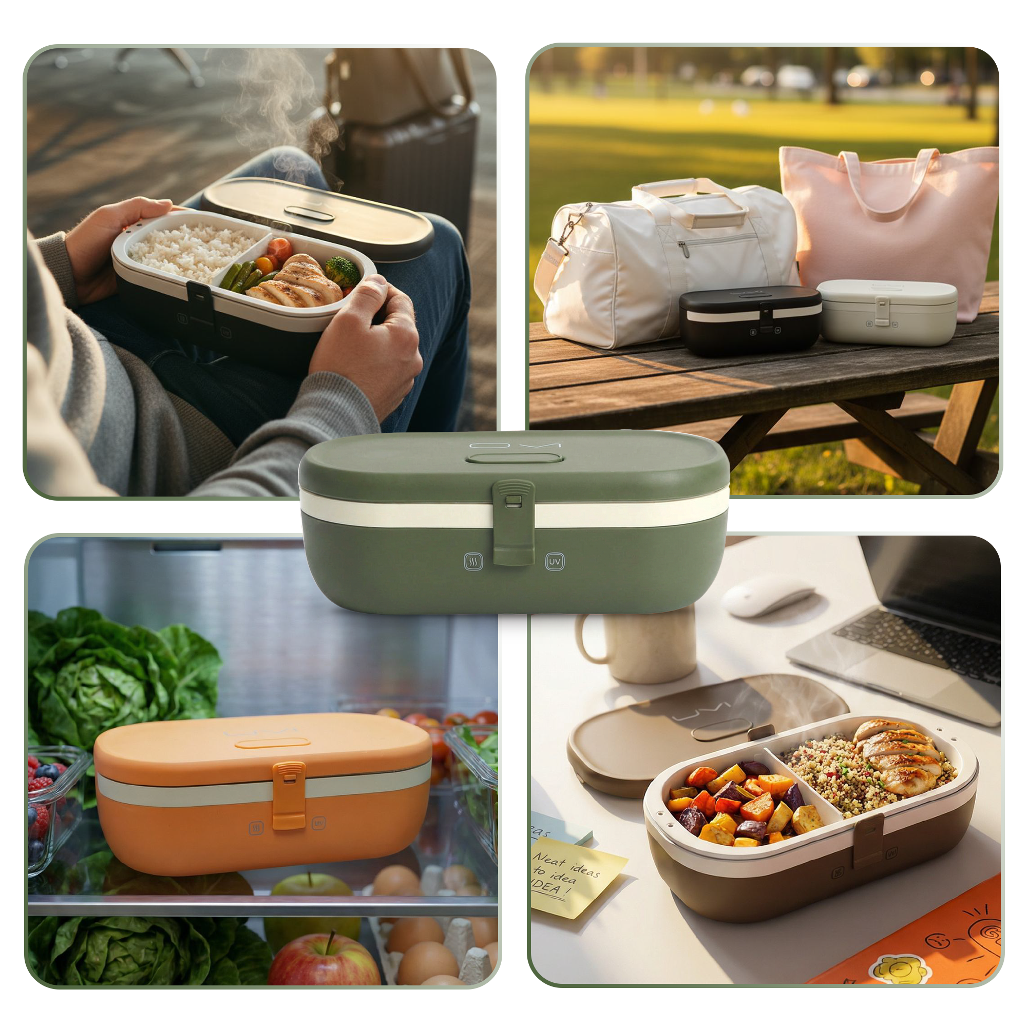UVI Plus – SELF-HEATING LUNCH BOX WITH USB-C CORD AND UV LIGHT SANITIZER - Green Pea