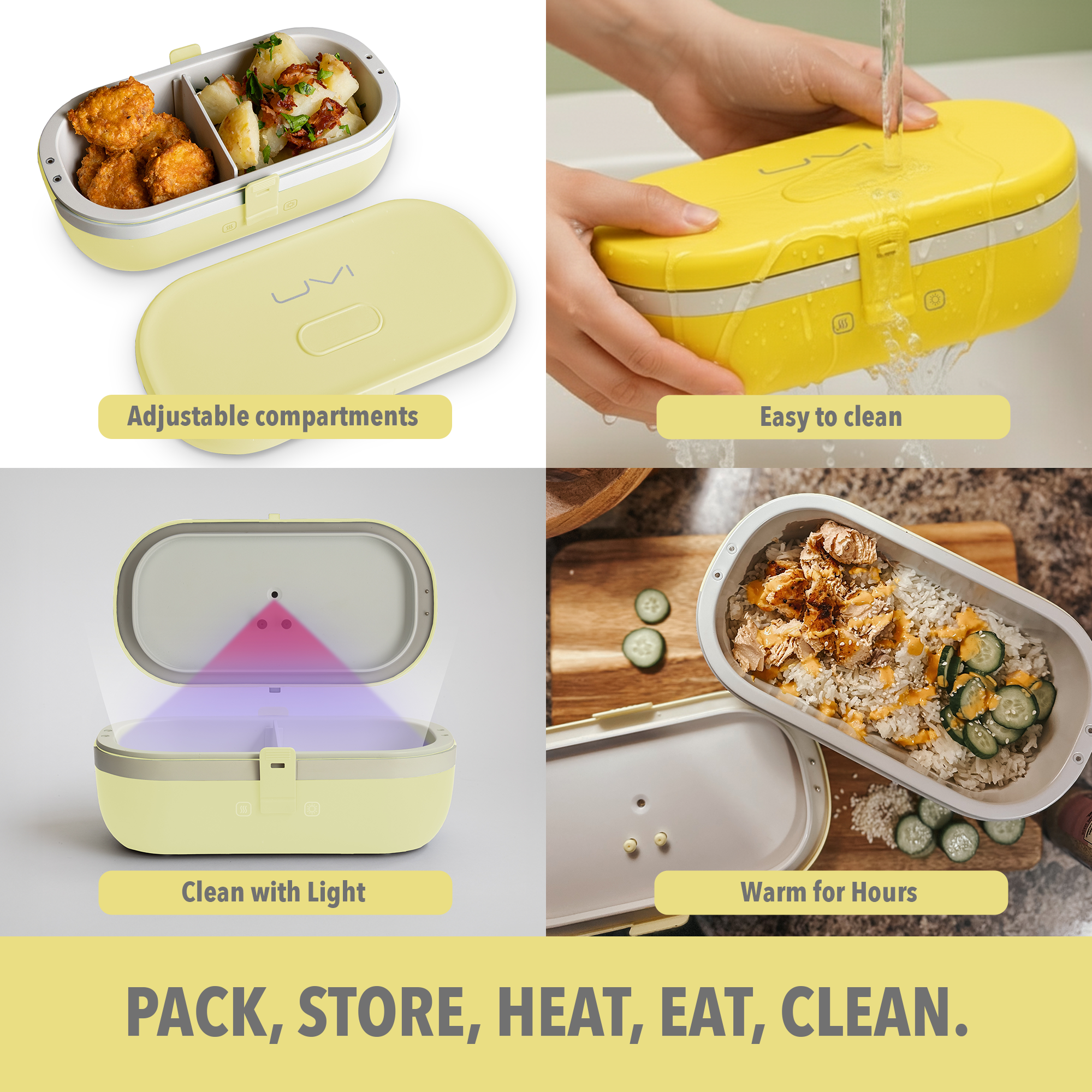 UVI Plus – SELF-HEATING LUNCH BOX WITH USB-C CORD AND UV LIGHT SANITIZER - Sunshine