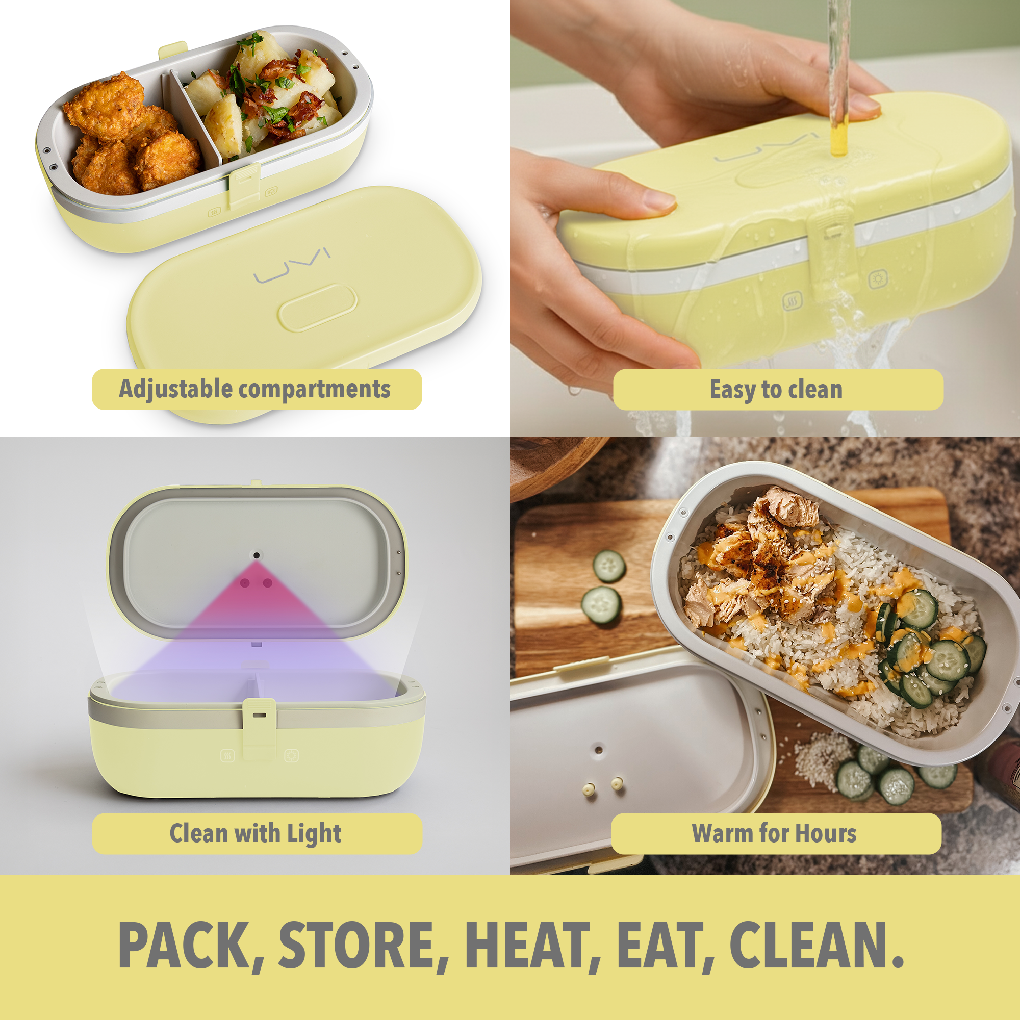 UVI Plus – SELF-HEATING LUNCH BOX WITH USB-C CORD AND UV LIGHT SANITIZER - Sunshine